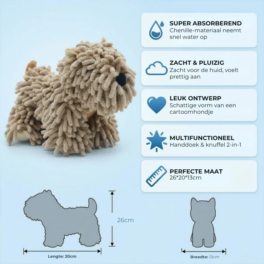 Hond wordt met een absorberende microvezel handdoek afgedroogd